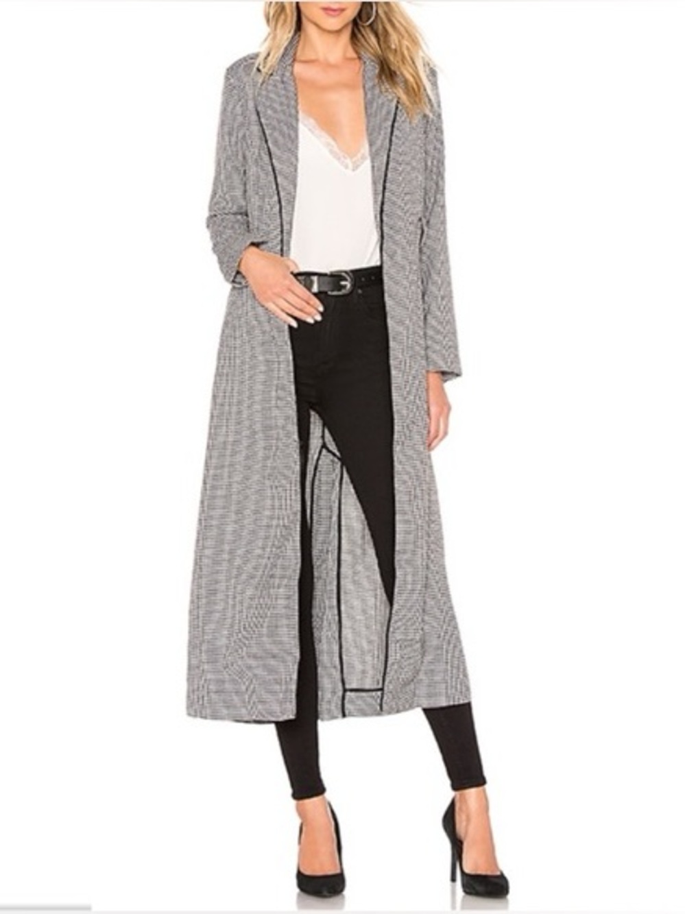 L'Academie Black White Houndstooth Long Trench Coat Women's Small Belted